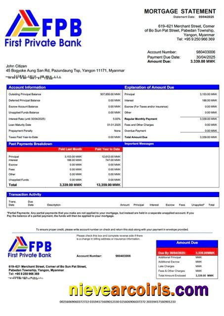 Myanmar First Private Bank mortgage statement Word and PDF template